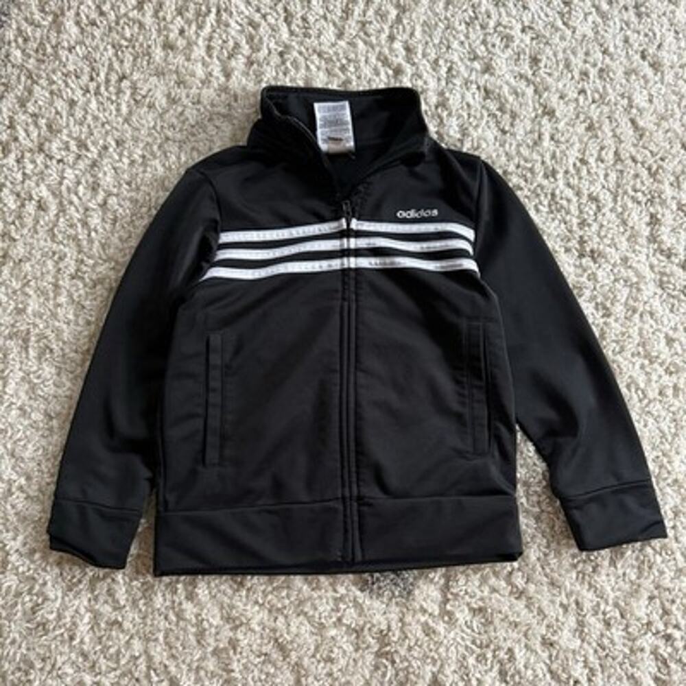 adidas Track Jacket Boy 4T Black Embroidered Logo Full Zip Collar Stripe Sleeve